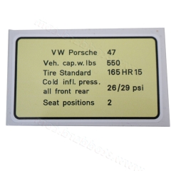 914-006-506-10 Vehicle Capacity and Tire Pressure Decal for 914 